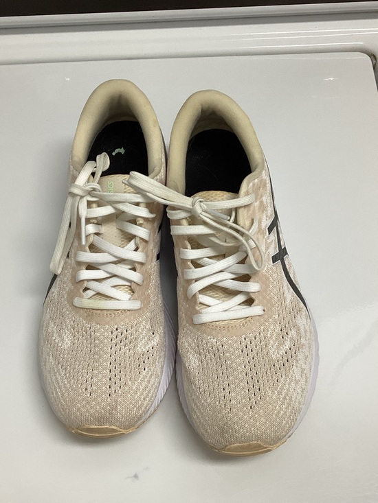Asics Shoes - Asics Beige Knit Running Shoes with Black Logo